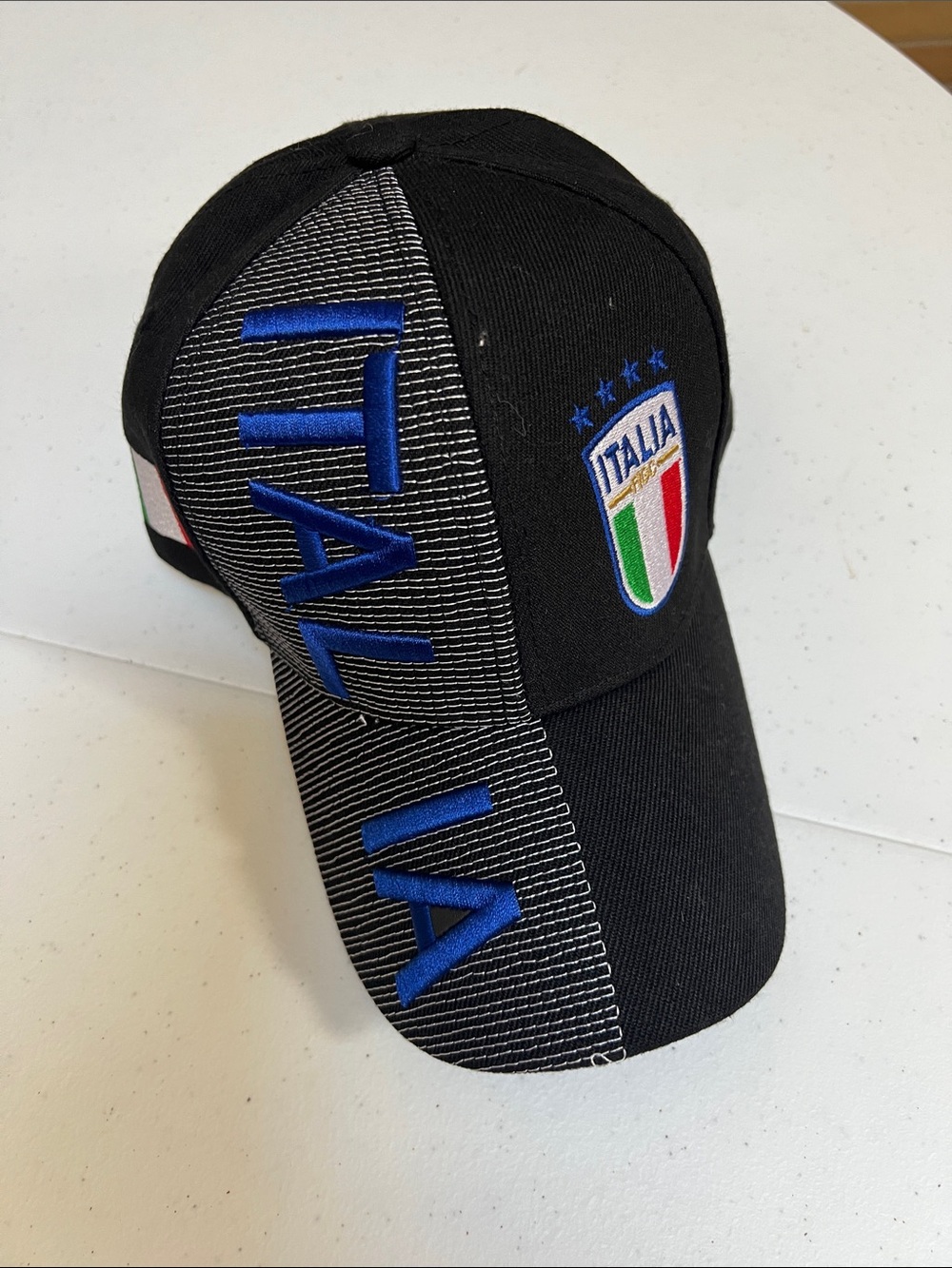 Italia Embroidered Black Baseball Cap - Blue Accent